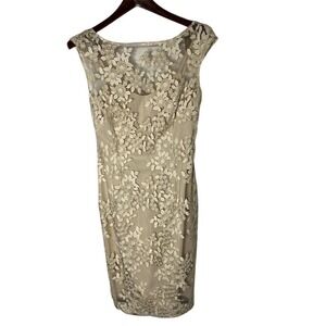 Lauren Ralph Lauren Dress Womens 4 Beige Floral Embroidered Sheath Knee